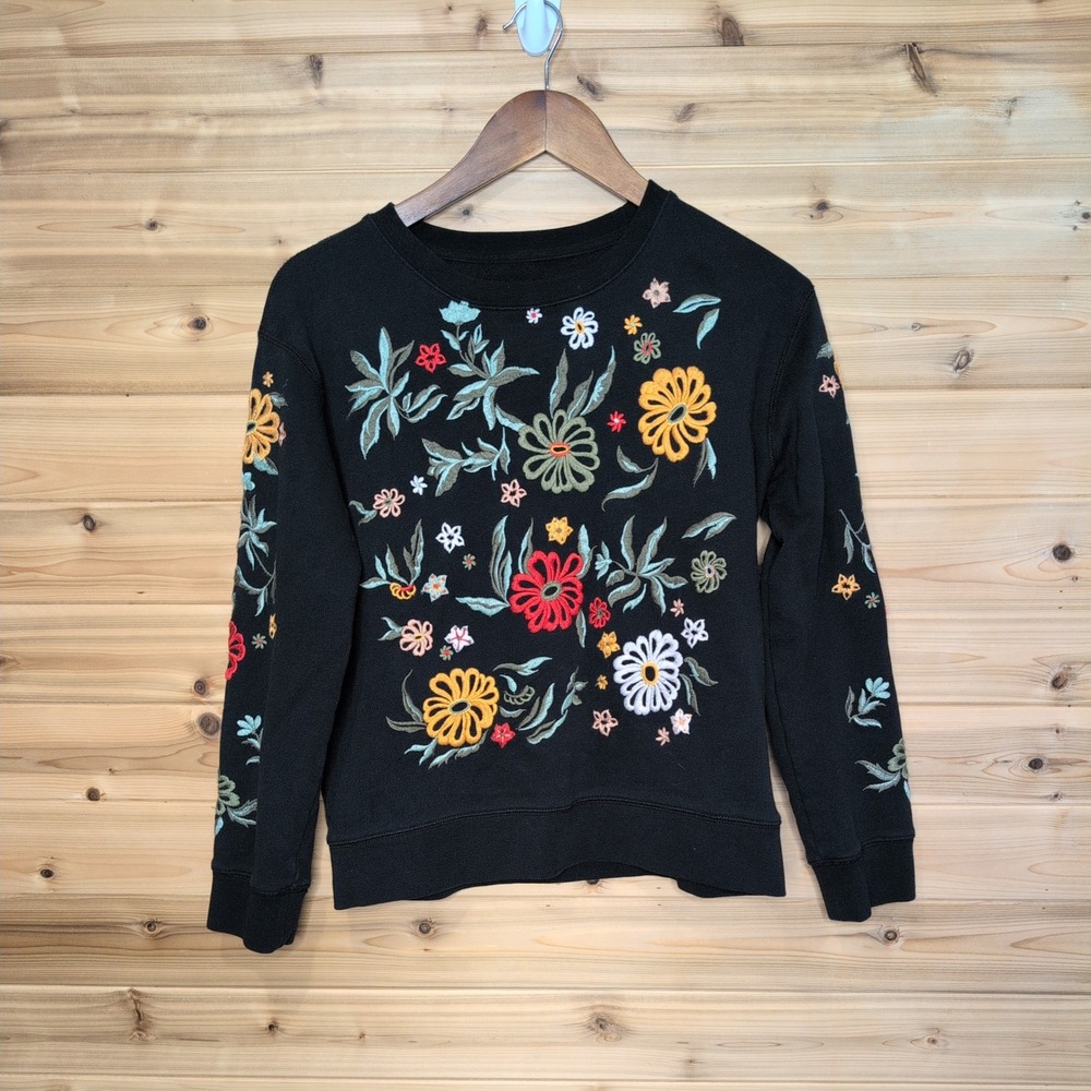 Driftwood Teddy Black Floral Embroidered Cotton Sweatshirt Womens XS Classic Fit